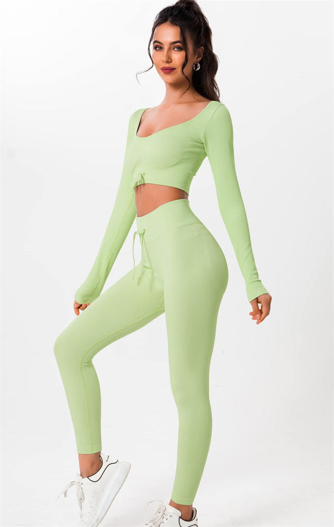 Women 2 Piece Workout Sets Seamless Ribbed High Waist Leggings with Long Sleeve Crop Top Sportswear Yoga Outfits